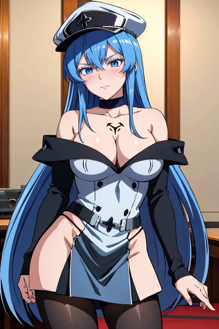 (artwork, best quality) a girl with long blue hair, blue eyes, blue eyelashes, black mini skirt, long black pantyhose, black off shoulder dress, wearing black captain's hat, tattoo, big breasts, perfect body, 4k hd, blushing, embarrassed, in a room