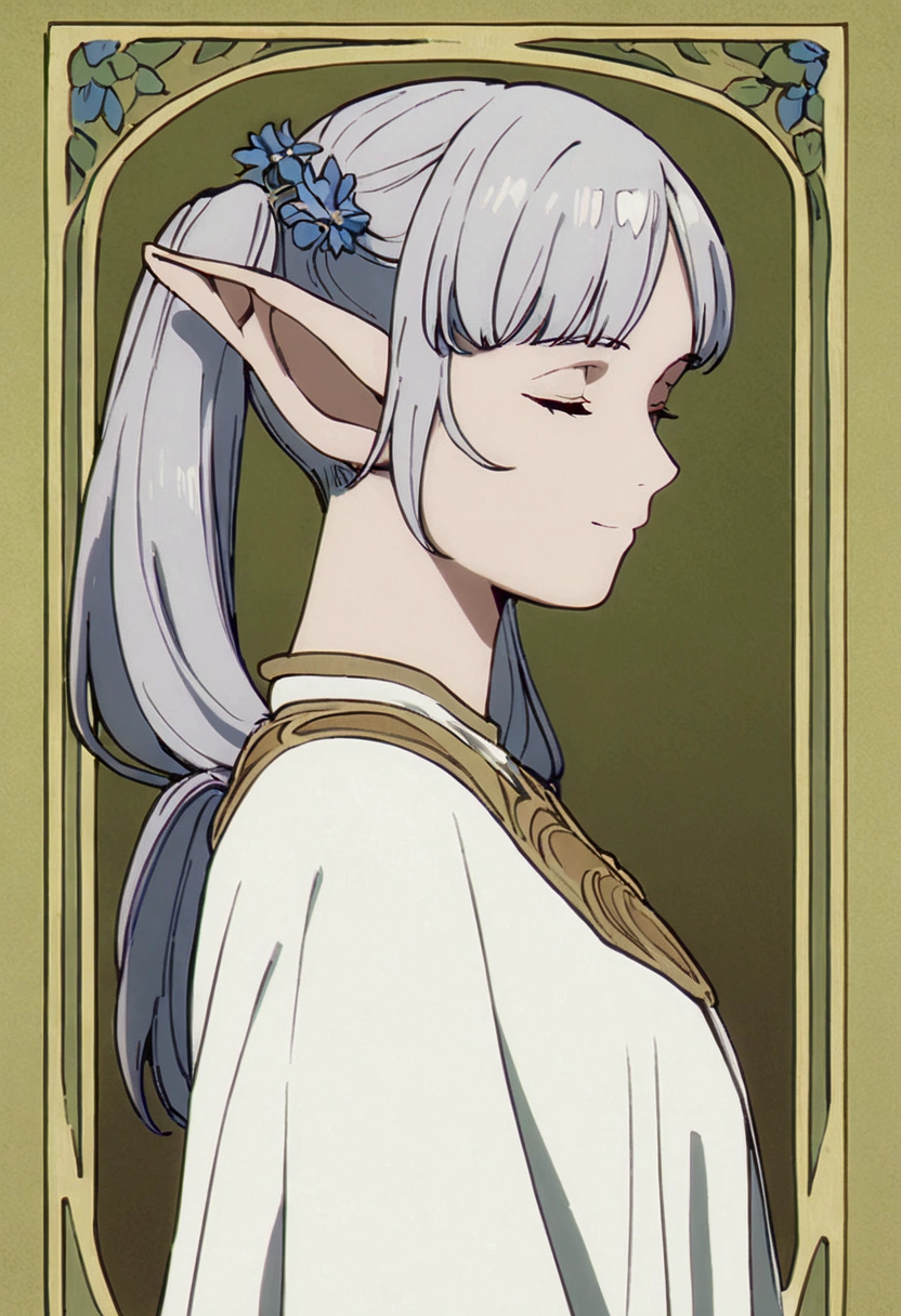 masterpiece, best quality,
Closed eyes, silver hair, solo,bangs, ((art nouveau)), ((blue flowers)), elf, long silver hair, ((ponytails)), ((standing)), ((levitating)), wind, gentle smile, white dress, looking down, ((portrait)), gold