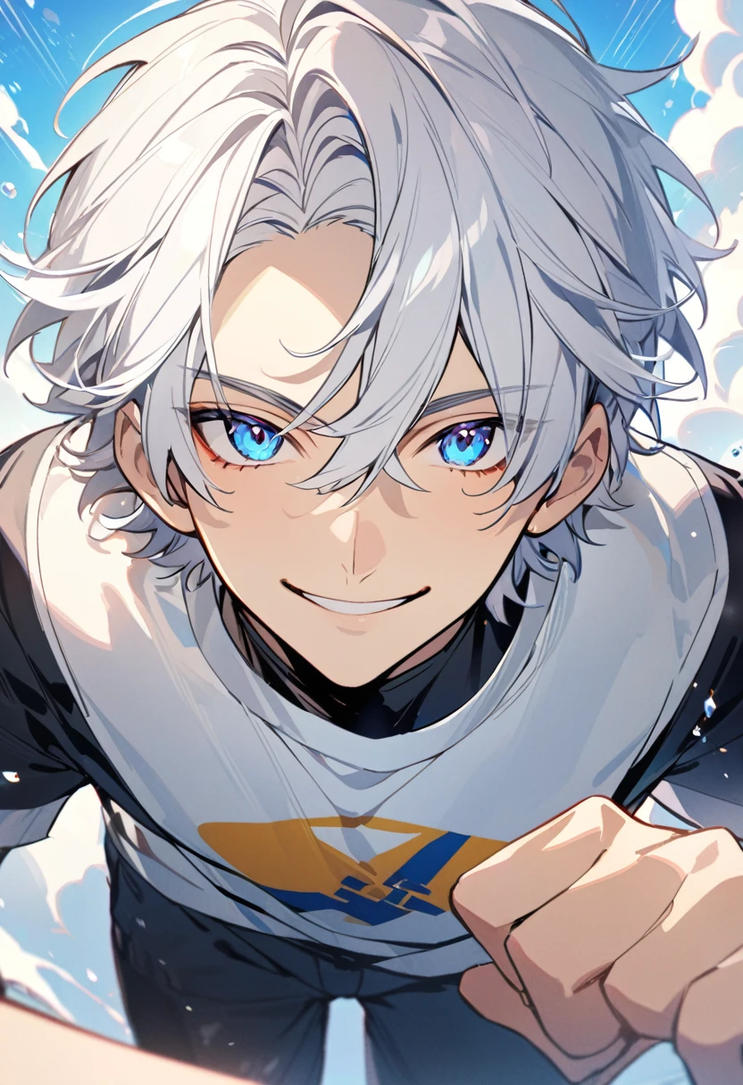 Handsome, solo, 1 male, super short hair, white hair, smile facial, (((shirt))), blue eyes, ((загадочное выражение лица)), ((загадочная улыбка))