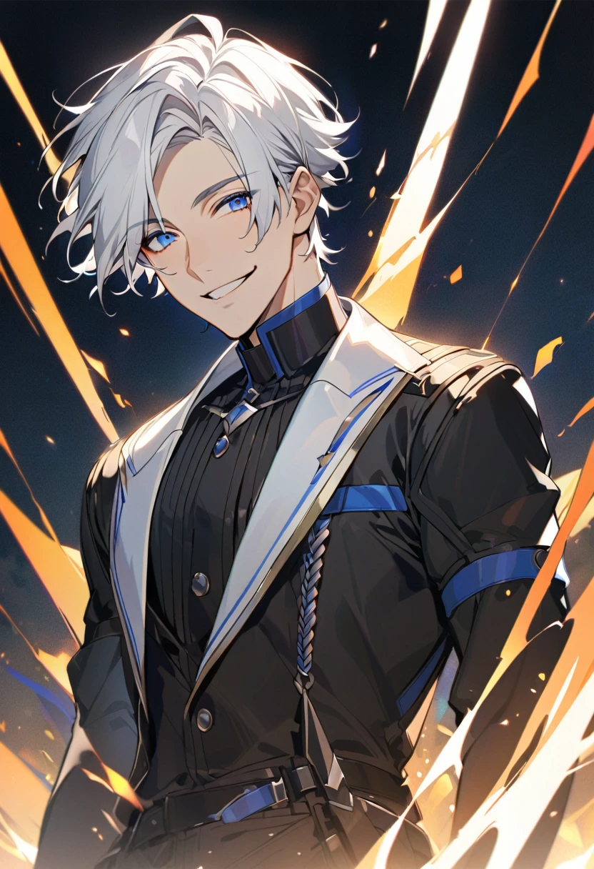 Handsome, solo, 1 male, super short hair, white hair, smile facial, (((shirt))), blue eyes, ((загадочное выражение лица)), ((загадочная улыбка))
