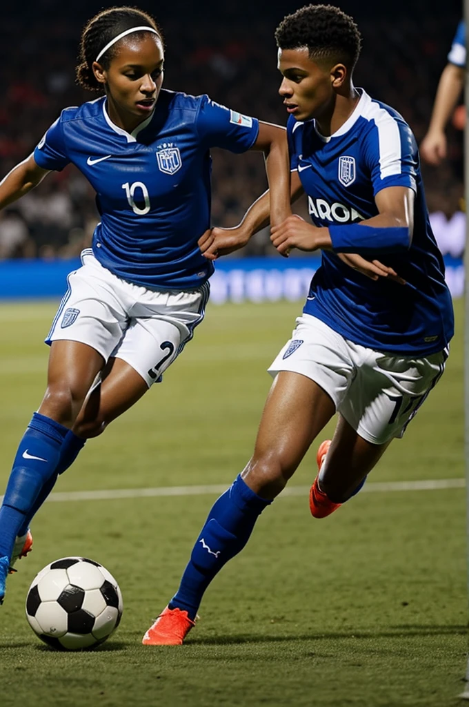 a soccer game, One team will have a blue uniform and the other will have a white uniform. 