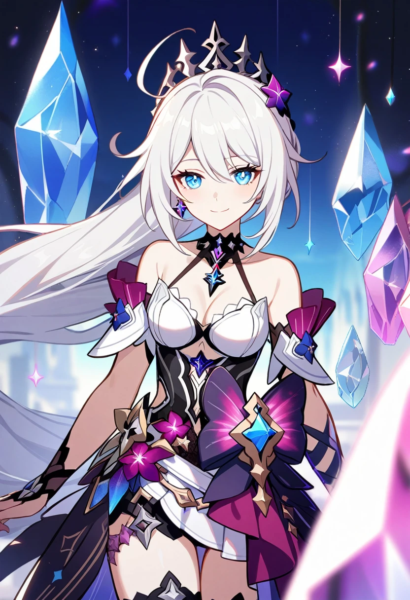 1girl, Kiana Kaslana \(Ruler of Finality), Honkai Impact 3rd, ponytail, smile, crystal, gem, Star \(symbol\)