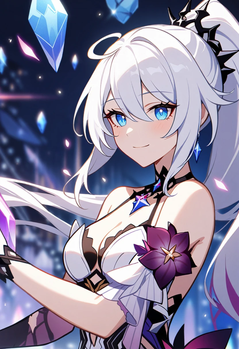 1girl, Kiana Kaslana \(Ruler of Finality), Honkai Impact 3rd, ponytail, smile, crystal, gem, Star \(symbol\)
