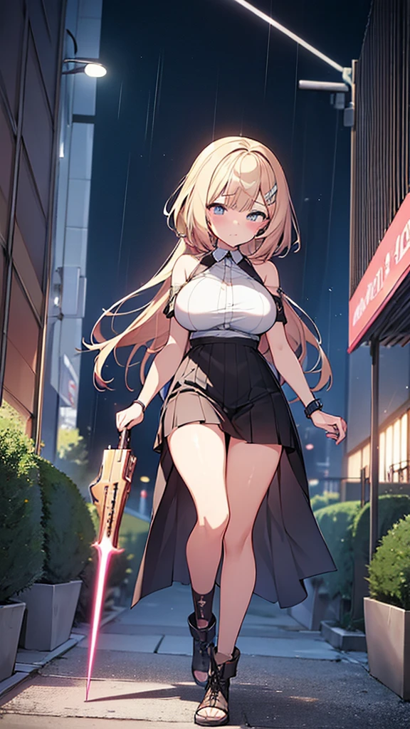 One girl, 18-year-old, Mix 4, (32k, RAW Photos, Highest quality, masterpiece:1.2), (Anime-like, photoAnime-like:1.37), cute, night, rain, Humidity, Professional Lighting, Photon Mapping, Radio City, Physically Based Rendering, Super Resolution, (バウンドしてるBig Breasts:1.2), {{A weaponized organism escapes from a laboratory and preys on girls in the city, taking on a human form.}}, The bones of a girl he had preyed on were lying at his feet., NSFW