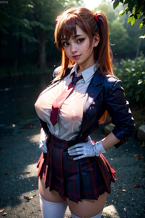 honoka dead or alive , steam , rain , plaid skirt , pleated skirt , Tight shirt , white Shirt , school girl , (masterpiece, best quality, hires, high resolution:1.2, 4k, 8k , high quality), extremely detailed, realistic, intricate details, highres , (large breasts, thick thighs, wide hips), arched back,(cinematic lighting, sunlight, perfect lighting, backlighting), eye-level shot, extreme close-up-shot, looking at viewer , best quality , red bow , red knot , (masterpiece, best quality:1.2), solo, 1girl, honoka, smile, looking at viewer, hand on hip, one side up, skull hair ornament, ,purple jacket , necktie, single glove, black gloves , white thighhighs