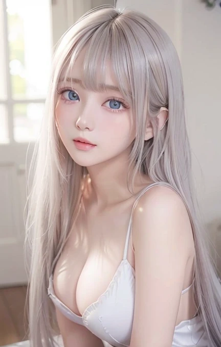 silver shiny hair, super long straight silky hair, dazzling blonde super long silky hair, cute little beautiful face of , beautiful girl, sparkling blonde dancing in front of her cute face, long silky bangs covering the space between her eyes, very beautiful, bright, large, bright blue eyes, very big eyes, hair hiding her face, sexy cute young woman with super long bangs, very white skin, cheek gloss highlighter, small beautiful face, round face, ample bust, nipples, embarrassed face, Light pink small nipples、A divine feeling、A face that feels great in the missionary position