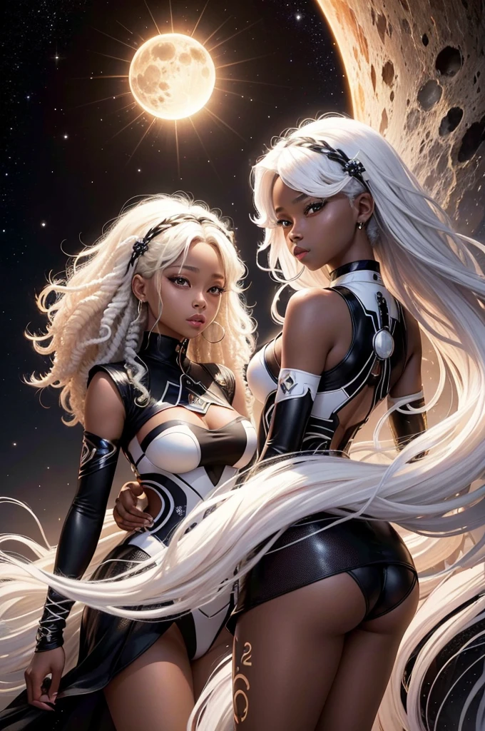 black twin sisters, moon and sun, magie, background of a galaxy, one with blonde hair and the other with white hair, [[dark ski]], afro, darkskin, Perfect Anatomia, black and white kpop outfit, [[detalhes de moon and sun nas roupas]]
