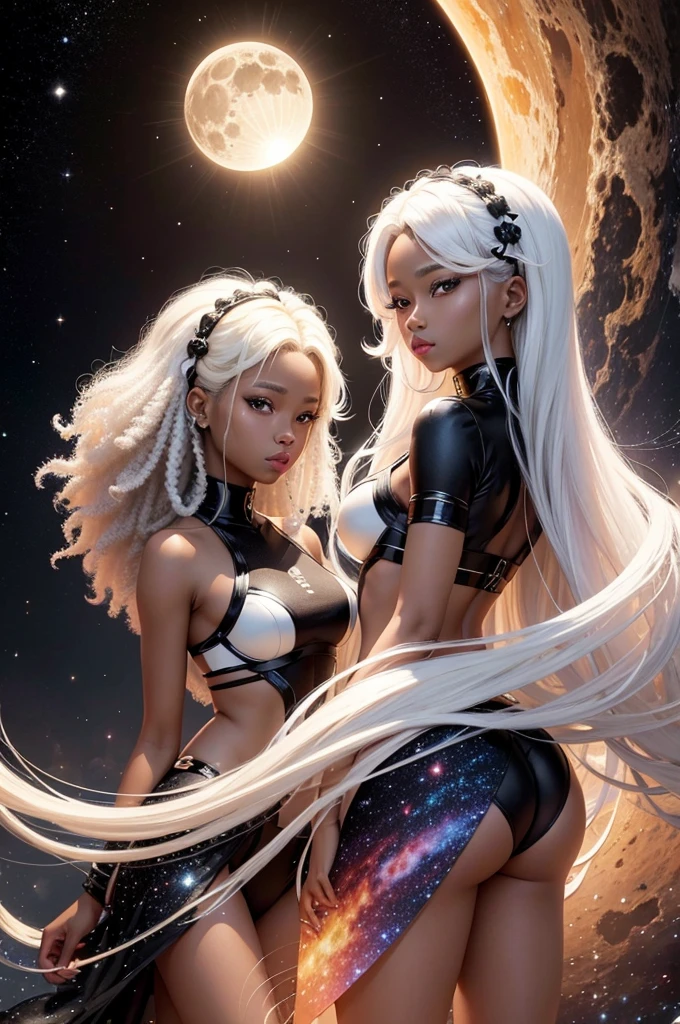 black twin sisters, moon and sun, magie, background of a galaxy, one with blonde hair and the other with white hair, [[dark ski]], afro, darkskin, Perfect Anatomia, black and white kpop outfit, [[detalhes de moon and sun nas roupas]]