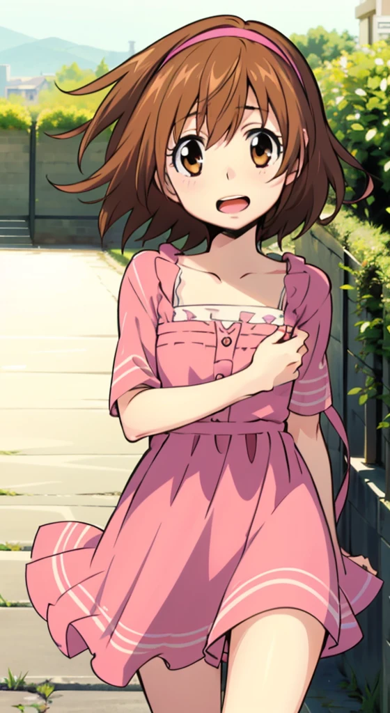 kyoko1, 1girl, short hair, brown hair, pink striped dress, brown eyes, Masterpece, look at the views,Masterpece, ((masterpiece: 1.2)), smling, open mouth, garden, outdoors, head band,