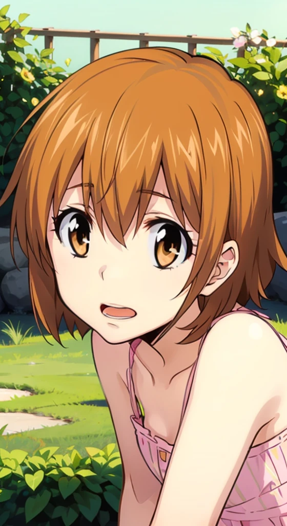 kyoko1, 1girl, short hair, brown hair, pink striped dress, brown eyes, Masterpece, look at the views,Masterpece, ((masterpiece: 1.2)), smling, open mouth, garden, outdoors, head band, 