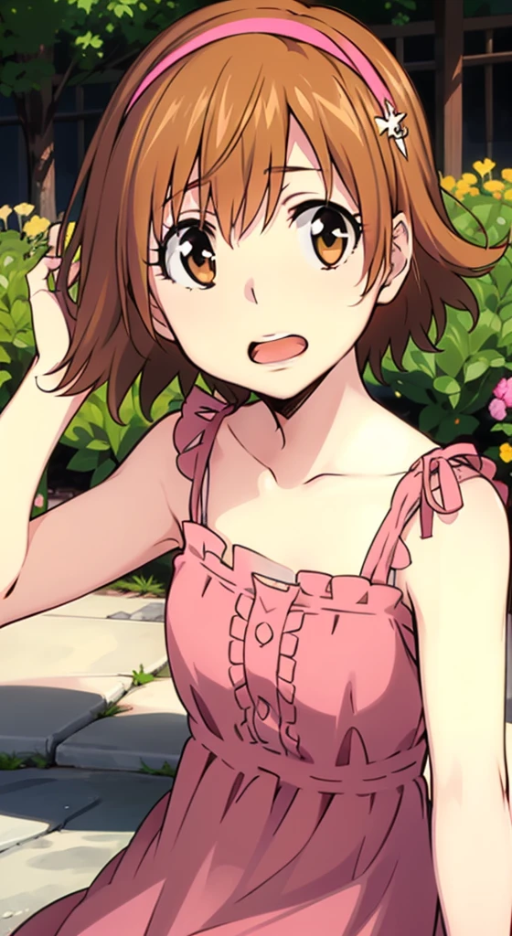 kyoko1, 1girl, short hair, brown hair, pink striped dress, brown eyes, Masterpece, look at the views,Masterpece, ((masterpiece: 1.2)), smling, open mouth, garden, outdoors, head band, 