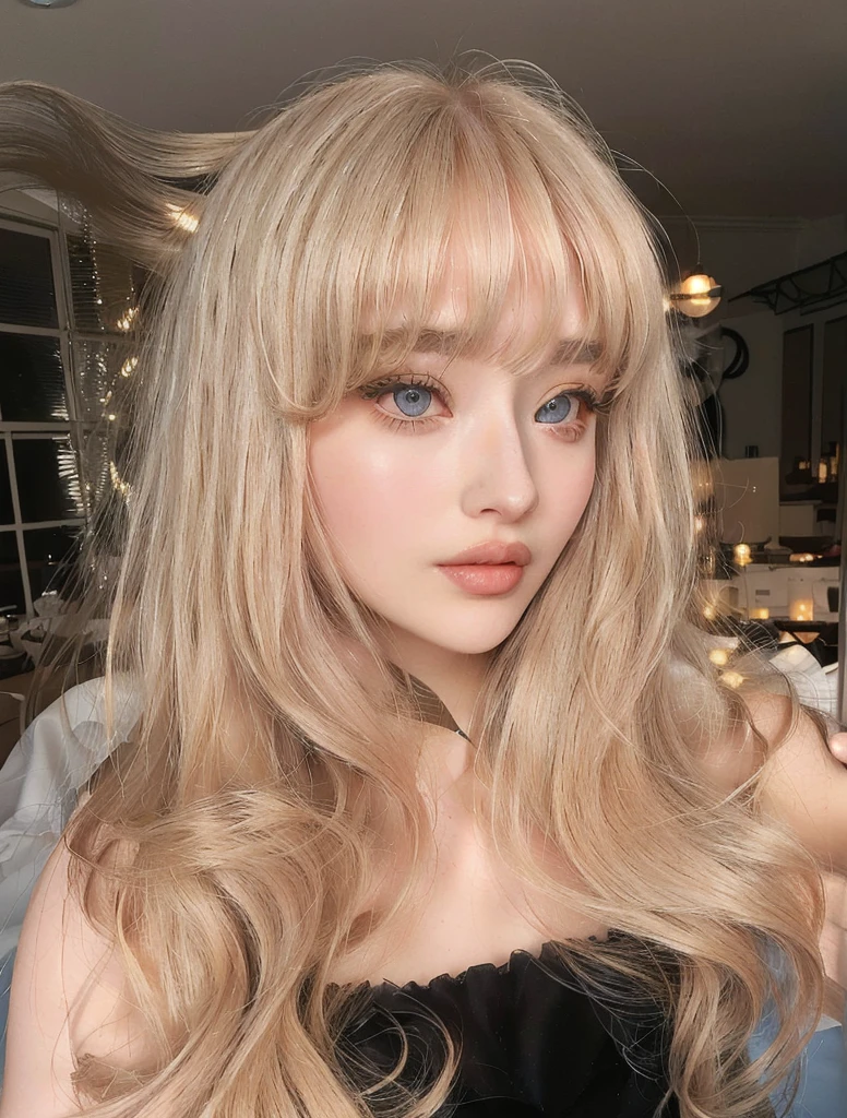 blond woman with long hair and blue eyes posing for a picture, with bangs, portrait of kim petras, long blonde hair and large eyes, blonde hair and large eyes, with full bangs, long hair with bangs, fluffy bangs, curtain bangs, long hair with full bangs, long blonde hair and big eyes, center parted bangs, neat hair with bangs