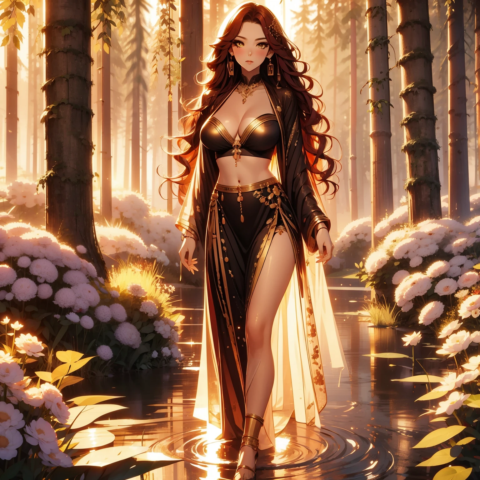 beautiful, marika, queen marika, black dress, deep cleavage, wavy red hair, golden eyes, bra, sexy, sensual, walking in the forest, walking in the grass, mountains in the background, full body picture, perfect anatomy, No water,