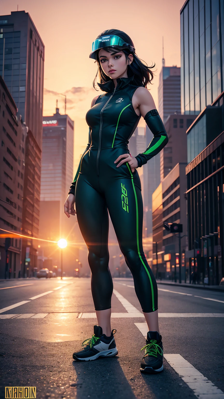 ((Full body photo, standing, feet on the floor)) A City with a beautiful sunset with a Wonderful Beautiful Adult Woman with black hair and green eyes and wearing Sneakers, Aerodynamic Jumpsuit, Helmet with visor Gloves with protective pads, jewelry and elbow pads, Short Cover and Logo and Emblem with the Power to fly in just 75% levitating and smoking a cigarette and staring at the camera  