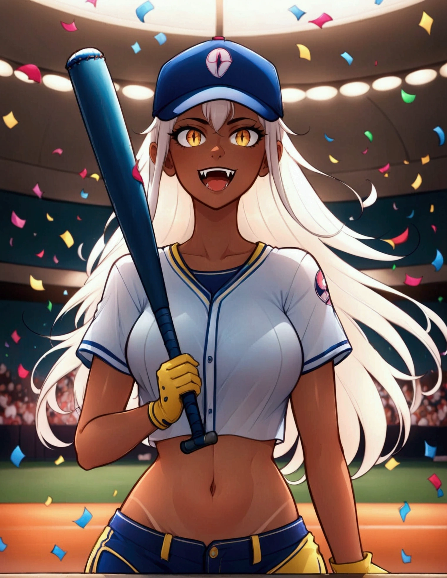 score_9, score_8_up, score_7_up, (full shot from below:1.2), (stunning vampire lady holding baseball bat:1.3) and (posing on stage:1.2), (slightly open mouth with fangs:1.1), (crop baseball jersey:1.1), (baseball cap:1.1), big breasts, shorts, (gloves:1.1), (long socks:1.1), flowing white hair, tanned skin, (surrounded by confetti and sparkling colorful beams:1.2), bright colors.
