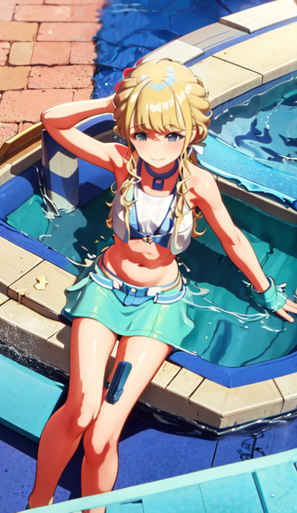 Blonde, on the sea, sitting on a swim ring, wearing a bikini, cute smile, stretching one arm out, splashing water, flushed cheeks, top view, close-up, wearing a bikini, armpit