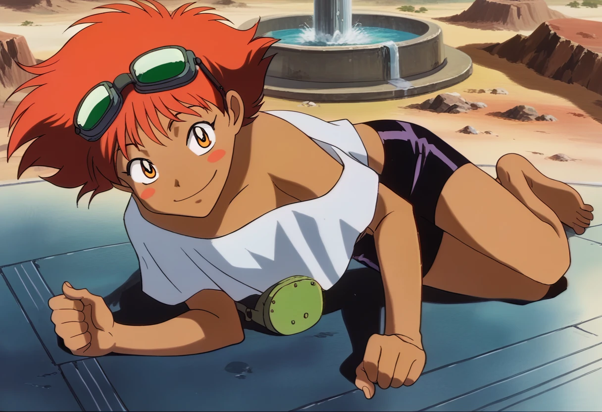 Edward, orange hair, blush stickers, (tanned skin) (naked), from behind, brown eyes, goggles on head, smile, sitting in ruined desert city, bare feet, full body, looking at viewer (insanely detailed, beautiful detailed face, masterpiece, best quality ,