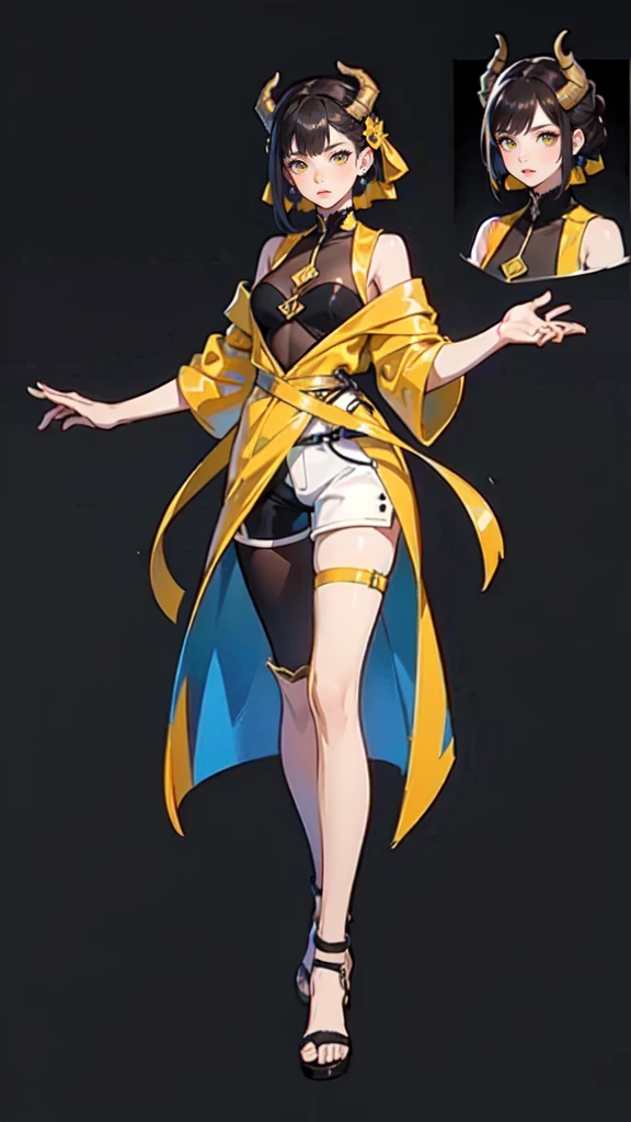 ((masterpiece,Best quality,8 k,A high resolution)),((character concept art)), 1 woman, young adult woman, Yellow medieval summer girl, concept, vines on the hand and horns from the vines, full length, whole body, magic hunter, White shorts, (standing still), (full body showcase), (показать whole body), (no logos on background), (no logo), ((simple background)), ((simple background)), (((empty background)))