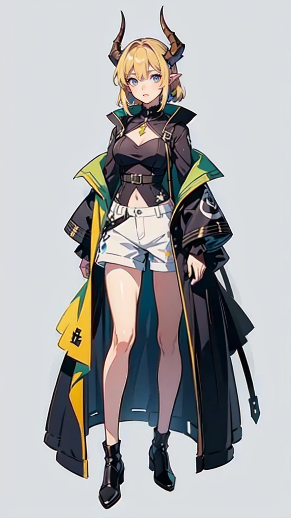 ((masterpiece,Best quality,8 k,A high resolution)),((character concept art)), 1 woman, young adult woman, Yellow medieval summer girl, concept, vines on the hand and horns from the vines, full length, whole body, magic hunter, White shorts, (standing still), (full body showcase), (показать whole body), (no logos on background), (no logo), ((simple background)), ((simple background)), (((empty background)))