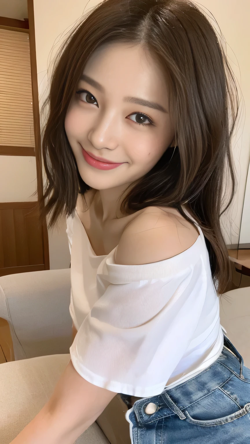 seed:2020674263.((Full body angle:1.1)).((Highest quality, 8K, masterpiece:1.3)), ((from below:1.1)).concentrated:1.2, Perfect body beauty:1.4, Hips:1.2, ((Delicate Hair)), (Colorful off-shoulder cropped T-shirt、Letter print、Slim fit,Shorts :1.1) , ((Highest quality、、masterpiece:1.3))、1 Girl、A sloppy smile、Esbian all over、Slim face、Big Boobs、Beautiful woman、(Dark Brown Hair)、Long Hair、1、Flickering Valley、Detailed eyes、double eyelid、Blurred Background、超Slim face、Smile、Looking down、stroll