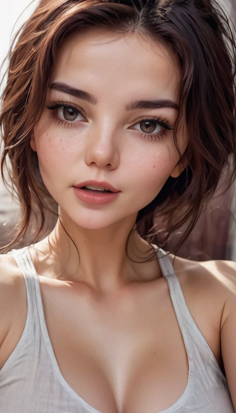 a girl take a selfie with a thin shirt , ((best quality)), ((masterpiece)), (detailed), perfect face, a woman with dark red-brown hair, messy hair, clean face ,solo, upper body, potrait, close up potrait, portait photo profile picture, REALISTIC , PHOTOREAL, messy hair, open mouth, perfect face, best image, HIGH RESOLUTION