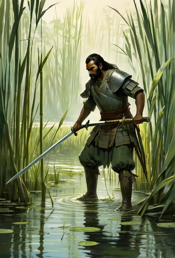 Warrior cutting reeds in a swamp using his sword