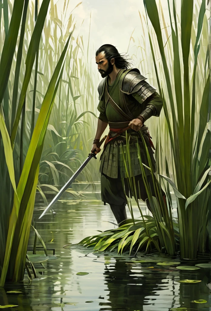 Warrior cutting reeds in a swamp using his sword