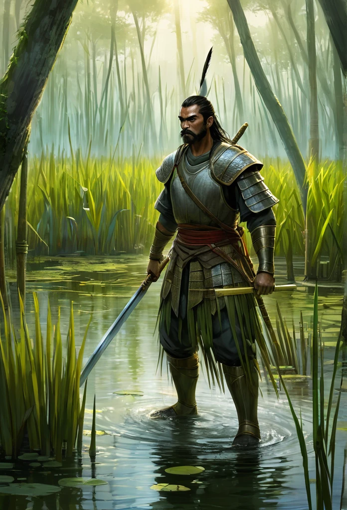 Warrior cutting reeds in a swamp using his sword