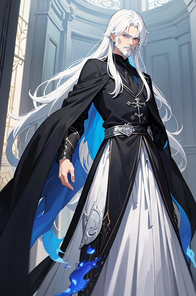 An old man with white hair wearing a black cloak, magical blue flames around, long beard and mysterious and mischievous look. Interior of a mansion, Fantasy world. ((best qualityer)), ((work of art)), (detailded)) ((anime styling))