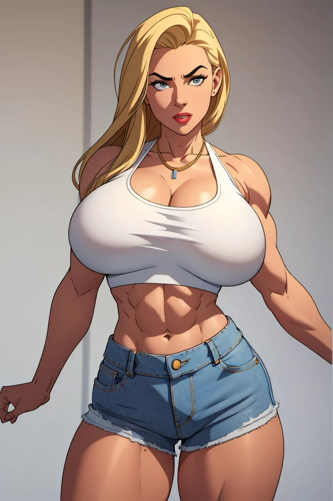 ((((muscular)))) woman in a white crop top and cropped low-rise denim shorts, necklaces, posing for a picture, ((((huge breasts)))), skinny waist and hips, tight outfit