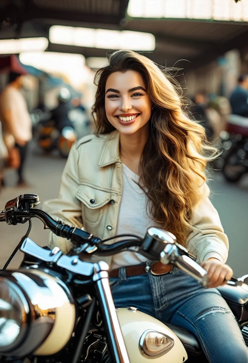 Create a young woman of 26 years old with straight wavy hair and white skin fixing a classic motorcycle smiling with a height of 1,60 metro 