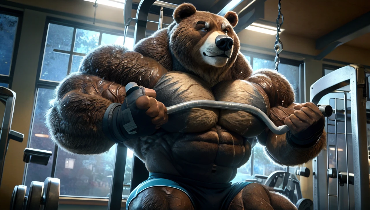 Big brown furry kodiak muscle bear with huge muscles with black gym shorts, black gym shoes and black wristbands and fingerless gloves, at the gym doing incline cable row flyes sweating off with veins