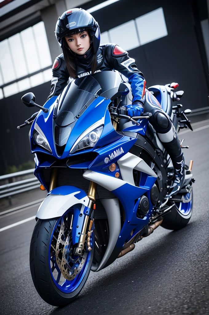 A beautiful girl in cyber suit blue eyes hair red riding a Yamaha R1M 2024 silver and gold