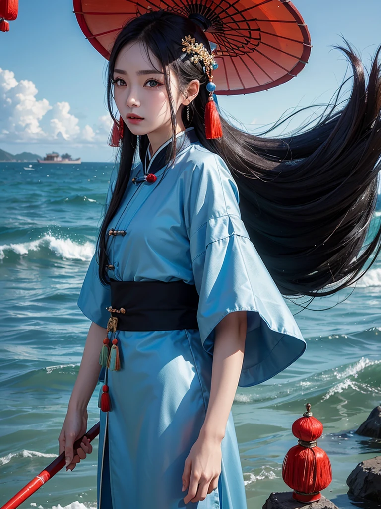 Chinese woman, eyeballs: Unripe, Height: 1,60m, body hair: far away, Color: Petroleum Blue, vestimentas : traditional Chinese culture, watching the ocean