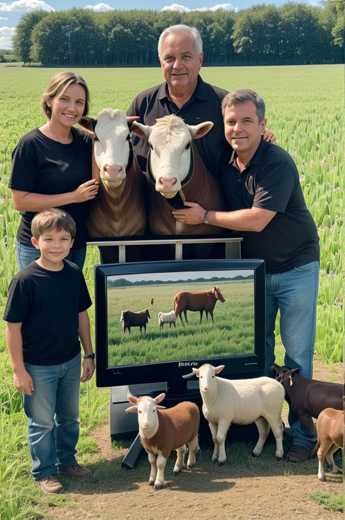 I want there to be an image of a family, mom, dad, brothers and a grandpa with farm animals in a field and this image is inside a monitor 
