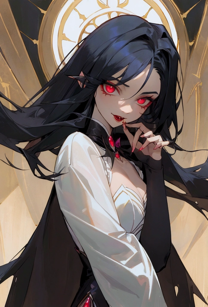 A pale-skinned vampire with red eyes and fangs, voluptuous and seductive, a sensual MILF figure, (best quality,4k,8k,highres,masterpiece:1.2),ultra-detailed,(realistic,photorealistic,photo-realistic:1.37),extremely detailed eyes and face,longeyelashes,beautiful detailed lips,gothic,dark fantasy,dramatic lighting,dramatic shadows,dramatic pose,cinematic