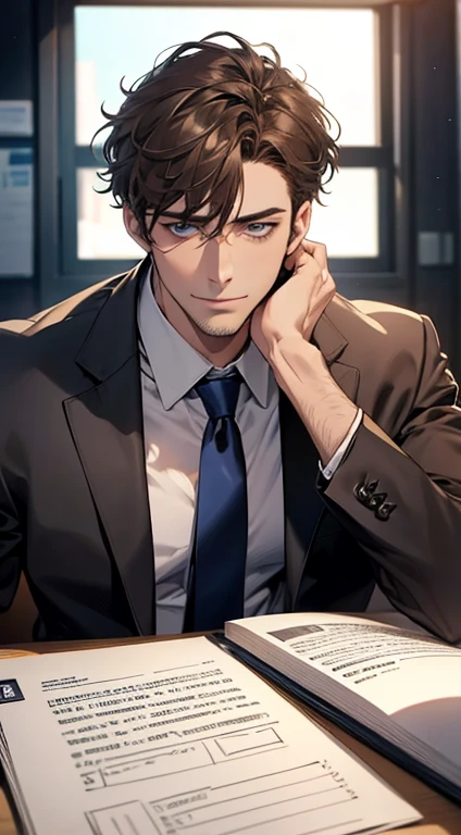 (best quality,4k,8k,highres,masterpiece:1.2),ultra-detailed,(realistic,photorealistic,photo-realistic:1.37),1 man,31 years old, man,very handsome,without expression,smile,short grey brown hair,blue eyes,penetrating gaze,perfect face without errors,imposing posture,businessman,office background,cinematic lighting,hdr image