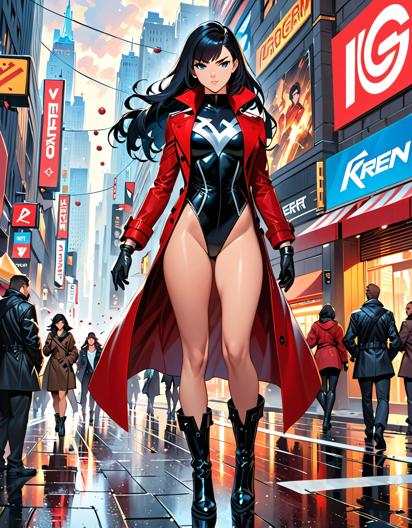 anime girl in a red and black suit standing on a city street, extremely detailed artgerm, style artgerm, style ivan talavera and artgerm, krenz cushart and artgerm, range murata and artgerm, artgerm style, in the style artgerm, ig model | artgerm, artgerm detailed, black hair, long hair, medium hair, blue eyes, (leotard), bare legs, matching boots and gloves, superhero, bracelets, solo, solo focus, (silver (v) (symbol) on chest), (matching trench coat).