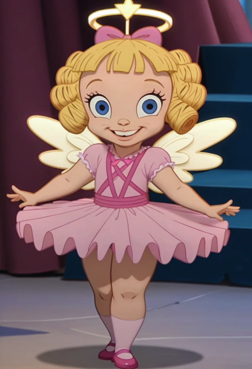 score_9, score_8_up, score_7_up BREAK DarlaD, 1girl, blonde hair, blonde ringlets, blunt bangs, blue eyes, pink bow, pink leotard, pink tutu, angel halo, angel wings, light pink socks, socks, pink shoes, smiling at viewer, screenshot, official art, parody, cartoon footage, official design, screencap, on_model, on model, cartoon screenshot, official screenshot, 2d, cartoon, source_cartoon, on-model,