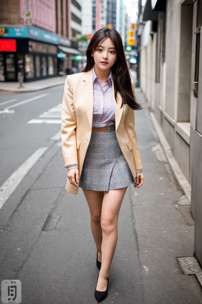 a 17 year old girl, she is the most beautiful actress in the world, the perfect body proportions of this girl, the blazer is appropriately buttoned up on the formal shirt that she wears, indirect bulge of her clothed large breasts, the panties between her bare legs are seen just 1cm below the short skirt, it's just the front of her body, it's just one description, it from right above her head to right below her shins are within the space, she is standing straight at the street, nsfw, best quality, highly detailed, masterpiece, ultra high res, photo realistic, 8k, RAW photo