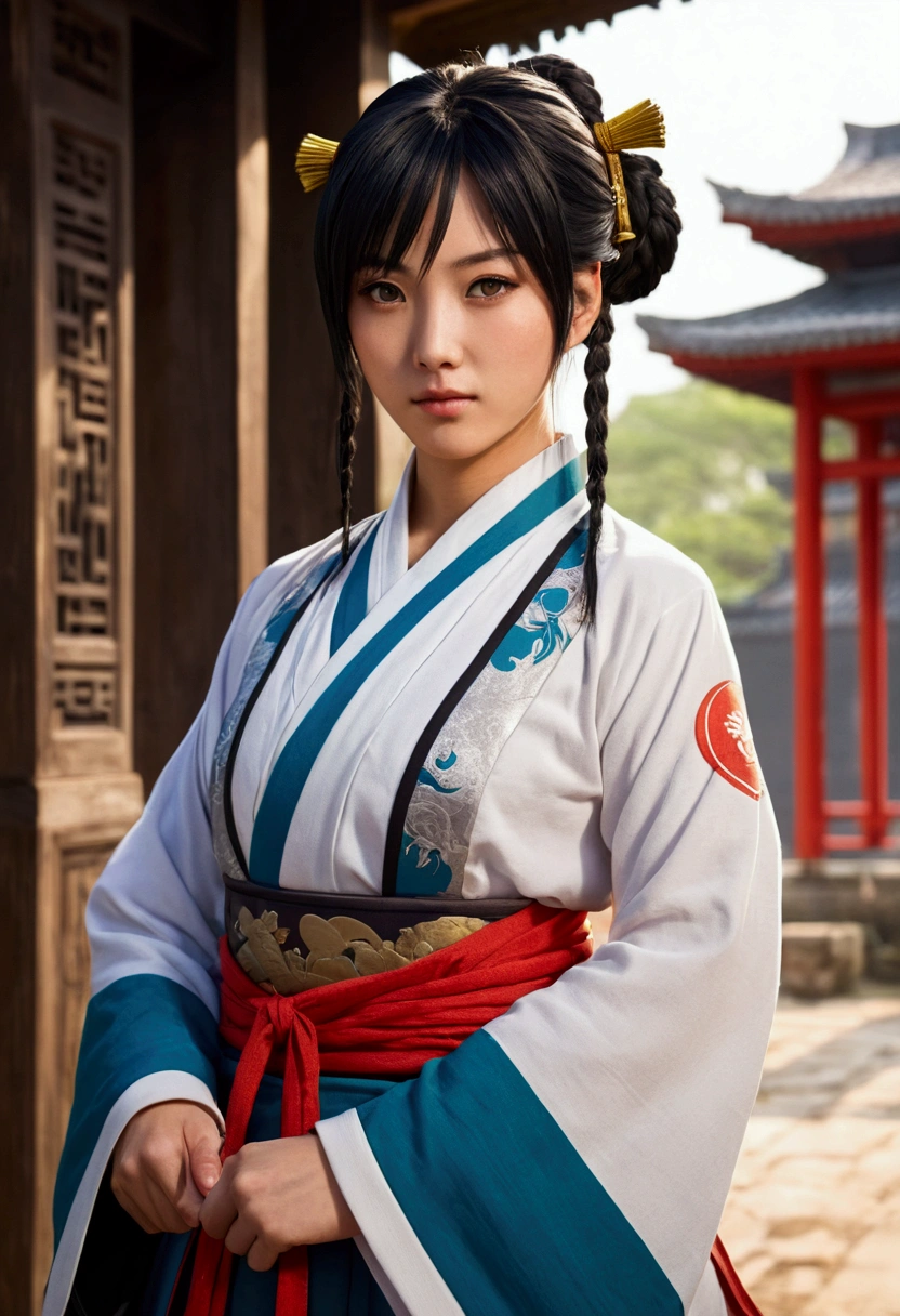 A female character from the anime "The Apothecary Diaries" with "mao mao". She is a fighter, but wears traditional clothes. Pictured in the two dimension anime art style
