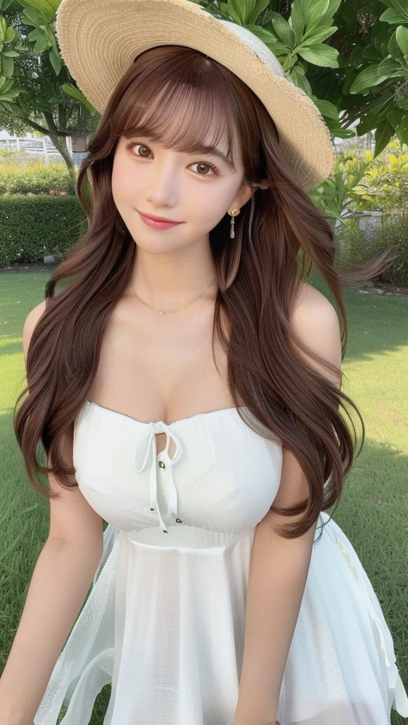 19-year-old girl, (White dress),Straw hat、 RAW Photos, Highest quality, Realistic, Very delicate and beautiful, Very detailed, 8k wallpaper, High resolution, Soft Light, Full Body Shot、Very detailed目と顔, Beautiful and detailed nose, Fine and beautiful eyes, Cinema Lighting, Grassland Background, Perfect Anatomy, Slender body, Shapely breasts, Straight hair, smile, Asymmetrical bangs, Light brown hair、Yua Mikami、