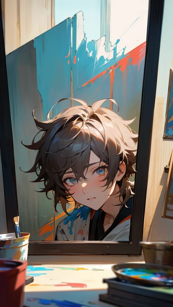 1 anime boy with messy hair holding a paintbrush and paint palette, looking out window in art studio, painting detailed realistic anime girl portrait, 4k, anime realism art style, highly detailed face and eyes, dramatic lighting, photorealistic, masterpiece