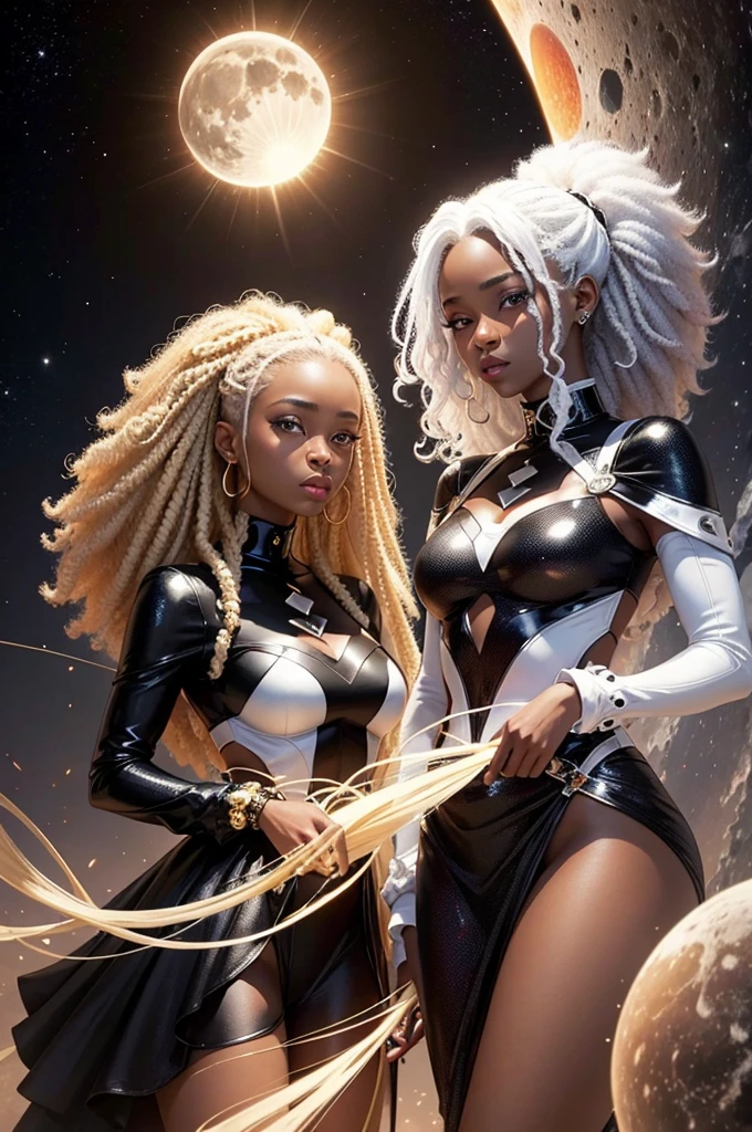 [[black twin sisters]], moon and sun, magie, background of a galaxy, one with blonde hair and the other with white hair, [[dark skin]], afro, darkskin, Perfect Anatomia, black and white kpop outfit, [[detalhes de moon and sun nas roupas]],[[afro hair]]black twin sisters, moon and sun, magie, background of a galaxy, one with blonde hair and the other with white hair, [[dark ski]], afro, darkskin, Perfect Anatomia, black and white kpop outfit, [[detalhes de moon and sun nas roupas]],[[afro hair]