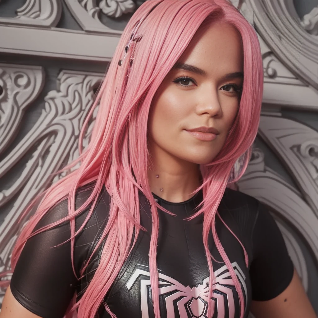 woman pink hair with spiderman suit