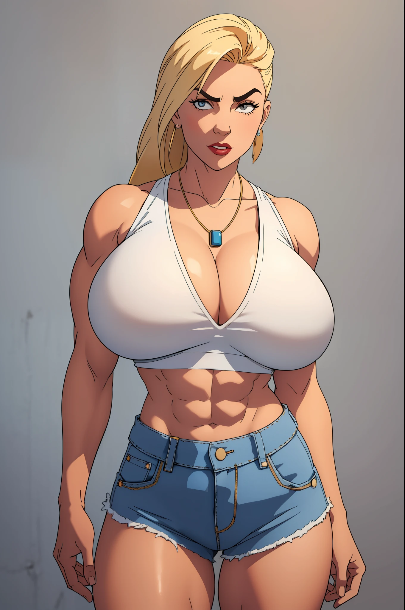 ((((muscular)))) woman in a white crop top and cropped low-rise denim shorts, necklaces, posing for a picture, ((((huge breasts)))), skinny waist and hips, tight outfit