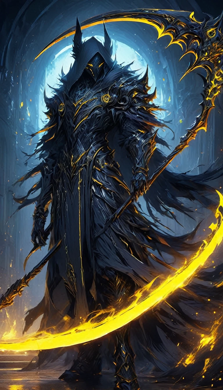 Den black wolf with yellow eyes male holding a large scythe the blue fire scythe, posing, alone, expression of hate, artwork, best art, full body, by violinist taran, detailed eyes, detailed body, claws, tall, pants black, blue shirt,