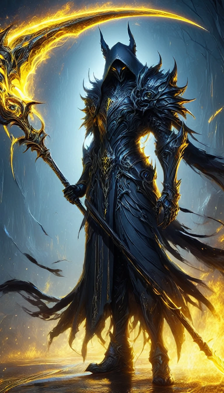 Den black wolf with yellow eyes male holding a large scythe the blue fire scythe, posing, alone, expression of hate, artwork, best art, full body, by violinist taran, detailed eyes, detailed body, claws, tall, pants black, blue shirt,