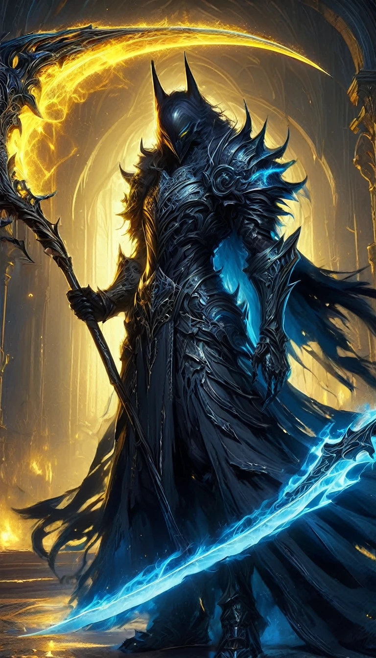 Den black wolf with yellow eyes male holding a large scythe the blue fire scythe, posing, alone, expression of hate, artwork, best art, full body, by violinist taran, detailed eyes, detailed body, claws, tall, pants black, blue shirt,