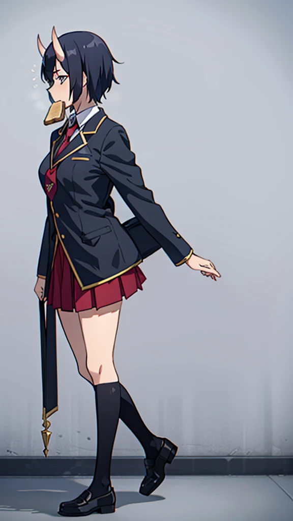 1girl ,20s,mature female,short hair,dark blue hair,oni horns,(simple background),red necktie,black jacket, blazer,long sleeves,pleated skirt,full body,standing,profile,toast in mouth,